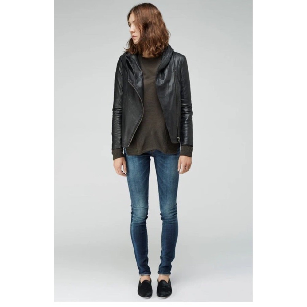 HELMUT HELMUT LANG Hooded Leather‎ Jacket Size P Black Biker Moto